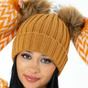 My Accessories London Knitted Double Fur Pom Beanie in Toffee Brown NWT